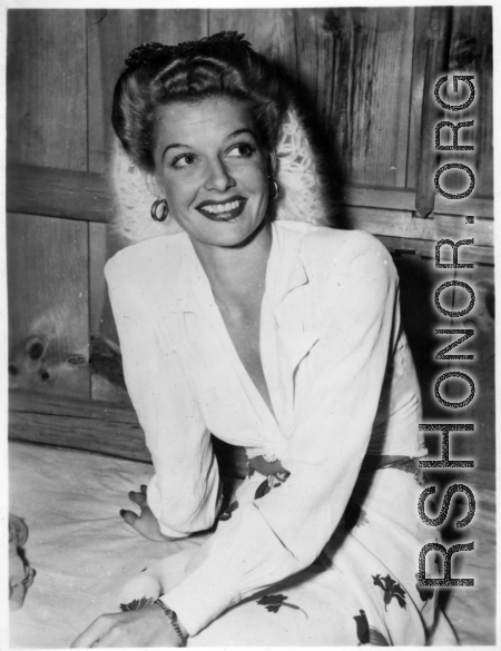 Celebrities visit and perform at Yangkai, Yunnan province, during WWII: Ann Sheridan poses for the camera.