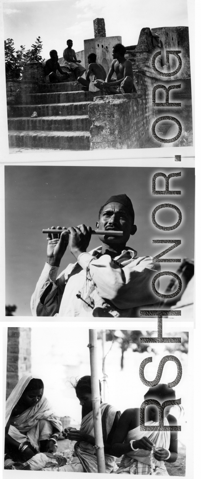 Vignettes of daily life in India.  Scenes in India witnessed by American GIs during WWII. For many Americans of that era, with their limited experience traveling, the everyday sights and sounds overseas were new, intriguing, and photo worthy.