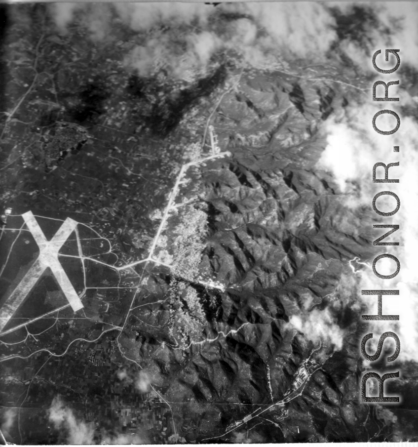 The Baiyun airdrome in the Guangxi province, under Japanese occupation, from the air in the CBI.   From the collection of Robert H. Zolbe.