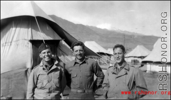 Douglas Runk (center) and two other GIs at an American tent camp on Burma Road in the Xiaguan/Dali area, near the outlet to Erhai Lake. During WWII.