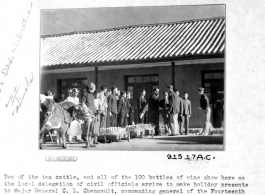 Christmas gifts for Chennault from Chinese people in 1944. Prof. Liang Chao Cha represented civilian community at large. Brig. General Edgar E. Glenn at the right.  Image courtesy of Tony Strotman.