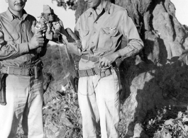 GIs play with pet monkey in CBI during WWII. Eugene Wozniak on right. Photo was addressed to "Mr. Jimmy McGivern, Jersey City, NJ. Charlie, Chico, & Eugene"