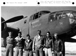 A crew of the 11th Bomb Squadron, 341st Bomb Group, stands beside their B-25 "The Rattler" somewhere in China on 2 February 1943.  They are:  Lt. Lucian Youngblood Lt. James C. Routt Lt. Charles Bethea S/Sgt. Edward M. Cooning Sgt. Norman Parker Sgt. James M. Ayers  Image courtesy of Tony Strotman.
