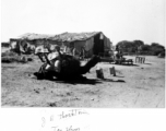 A camel in front of a "tea shop" in northern China. In the CBI during WWII.  Photo from J. E. Thornton.