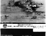CBI-44-60576 30 Sept 44  Photo by Pfc J.C. Bowermaster  Five Japanese bombers struck the Liuzhou airbase on the 29th of September and destroyed this B-24 and a gas dump, as well as a C-46 transport plane. During a fourty-five minute raid the was the only serious damage suffered.