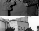 A GI buys a ticket to bet on a horse race arranged at Guilin during WWII, while a local lady waits in line. The betting was "pari mutuels" wagering, to be split among all winners.