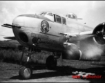 The B-25H  "Wabash Cannonball" with 'practice' bombs laying beneath the bomb bay. With no mission symbols or residue from the side-mounted machine guns on fuselage side this photo must have been taken soon after the aircraft was assigned to the 491st Bm Sq at  Yangkai AB, China, in the spring of 1944.