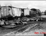 An American fuel train at the edge of the field, at Liuzhou, after bombing by Japanese bombers of September 27, 1944 during 45 minute air raid.